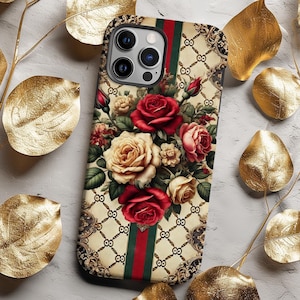 Custodia per telefono ispirata al marchio di fiori vintage estetici / Custodia rigida personalizzata per iPhone con fiori di rose rosse e bianche per iPhone 12, 13, 14, 15, 16 Pro Max