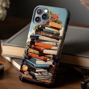 iPhone-hoesje stapel boeken | Unieke literaire boekenplanktelefoonhoes | Vintage Aesthetic Libraly Designs-hoesje voor iPhone 16,15,14 Pro Max