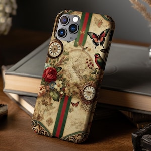 Custodia per telefono ispirata al marchio di lusso / Custodia per iPhone con mappa del mondo vintage con farfalle e orologi / Custodia rigida per iPhone 12,13,14,15,16 Pro Max
