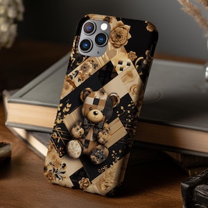 Elegant 3D Bear Phone Case | Luxury Brand Inspired Case | Brown Checkerd Pattern Design For Samsung S24,S23,S22 & iPhone 16,15,14 Pro Max