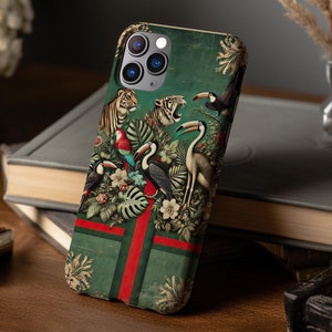 Custodia per telefono di lusso con motivo a tigre animale / per iPhone 12, 13, 14, 15, 16 Pro Max / colore verde retrò vintage / custodia ispirata al marchio popolare