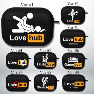 May include: Black protective cases for wireless earbuds, each featuring a unique white graphic and text. Designs include stick figures, the words "Love hub," "Love you," "True love," "Game over," and "Stretching."