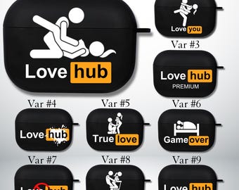 May include: Black protective cases for wireless earbuds, each with a white graphic and text. Designs include stick figures, the words "Love hub," "Love you," "True love," "Game over," and "Stretching."
