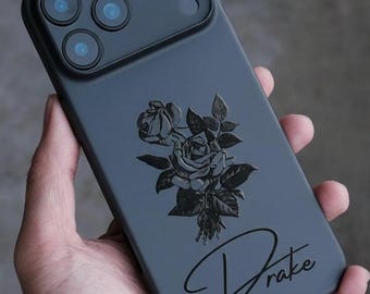 Custom 3D Black Phone Case With Embossed Name And Rose Element | Relief Printing | Personalization Gift | iPhone 17,16,15,14,13,12 Pro Max