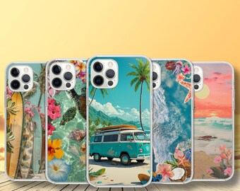 May include: Five phone cases showcasing tropical beach scenes. Designs include surfboards, a sea turtle, a vintage van, ocean waves, and a sunset. Each case has a different illustration. The cases are presented on a wooden surface.