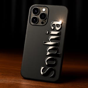 May include: A black phone case with the name "Sophia" embossed in a shiny, metallic finish. The case has a matte texture and features a camera module with multiple lenses. The phone case is resting on a wooden surface.