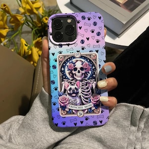 Funda para teléfono con diseño de Bulldog Francés y Carta del Tarot. Regalo para amantes de las mascotas. Funda para iPhone 12, 13, 14, 15 y 16 Pro Max.