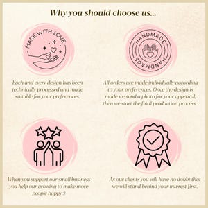 Pu&ograve; includere: Immagine con il testo "Perch&eacute; dovresti sceglierci..." e quattro illustrazioni circolari. Le illustrazioni includono testo e disegni al tratto di una mano, mani, persone e un distintivo con un segno di spunta. Lo sfondo &egrave; beige chiaro.