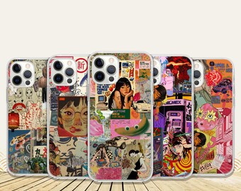 May include: Five phone cases with clear borders, each showcasing a distinct collage design. The designs incorporate diverse imagery, including portraits, text, and illustrations, in a mix of colours and styles. The cases are presented on a wooden surface.