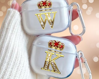 Funda personalizada para AirPods con inicial de corona dorada para AirPods 4 / Funda personalizada con inicial para AirPods 4/3/2/1 / AirPods Pro 2/1 Gen