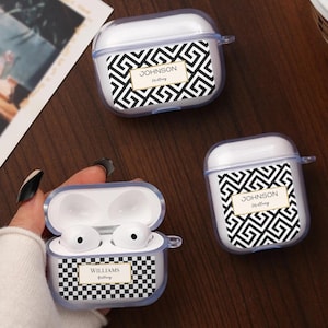 AirPods-hoesje met monogram | Zwart-wit geometrisch geruit ontwerp voor Airpods 4/3/2/1 | Airpods Pro 2/1 | Esthetische omslag op maat