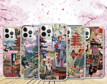 May include: Five clear phone cases with Japanese designs. Each case displays a different collage of Japanese imagery, including pagodas, cherry blossoms, and the word "JAPAN". The cases are on a wooden surface.