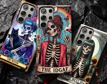 Coque de téléphone style gothique tarot avec squelette de femme, coque sorcière pour iPhone, Samsung et Google Pixel, protection résistante