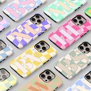 Custom Check Pattern With Name Initials Tough Case | MagSafe Shockproof Phone Cover | Monogram Gift Case For iPhone 16,15,14,13 Pro Max
