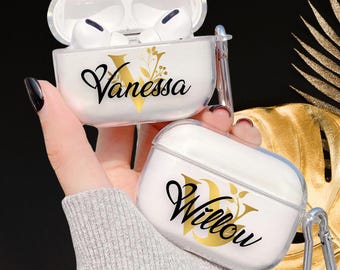 Funda transparente personalizada para AirPods 4 / Funda personalizada con nombre/iniciales en negro y dorado para AirPods 4/3/2/1 / AirPods Pro 2/1
