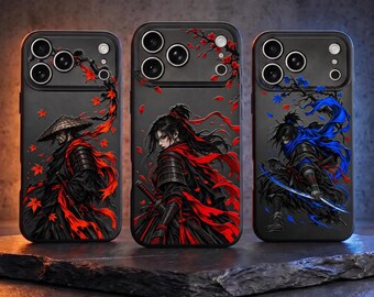 Japanese Samurai Phone Case for iPhone, MagSafe Compatible Optional, Embossed Glossy Print, Red Blue Warrior Aesthetic Cover