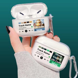 May include: Two clear plastic cases for Apple AirPods with a custom design. The cases have a white background with black text that reads "Track Name", "Artist Name", "Album Cover & URI Code", and "HERE".