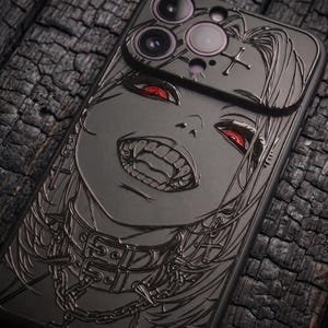 Embossed Vampire Girl iPhone Case, Gothic Red Eyes Phone Case, Dark Anime Style Cover, Glossy Raised Relief Case