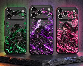 Japanese Art Samurai iPhone Anime Style Case, MagSafe Compatible Optional, Embossed Glossy