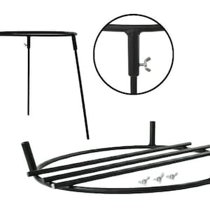 May include: Black metal tripod stand with a circular top, adjustable height, and a separate circular base with three support bars. Includes a close-up of the height adjustment mechanism.