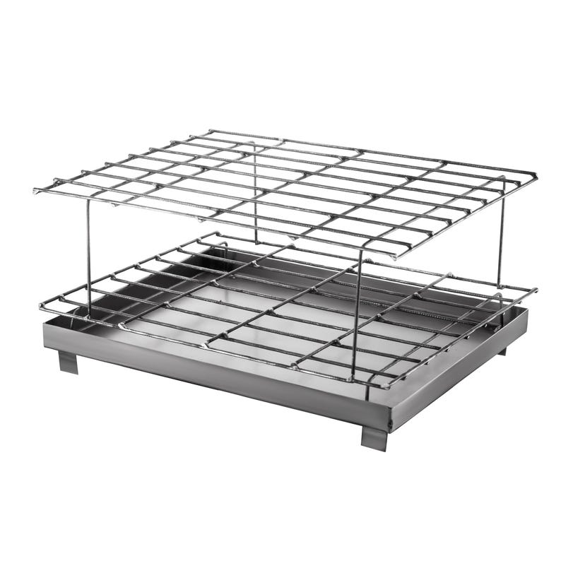 May include: A two-tiered stainless steel cooling rack with a square base and a wire mesh top and bottom. The rack is designed for cooling baked goods.