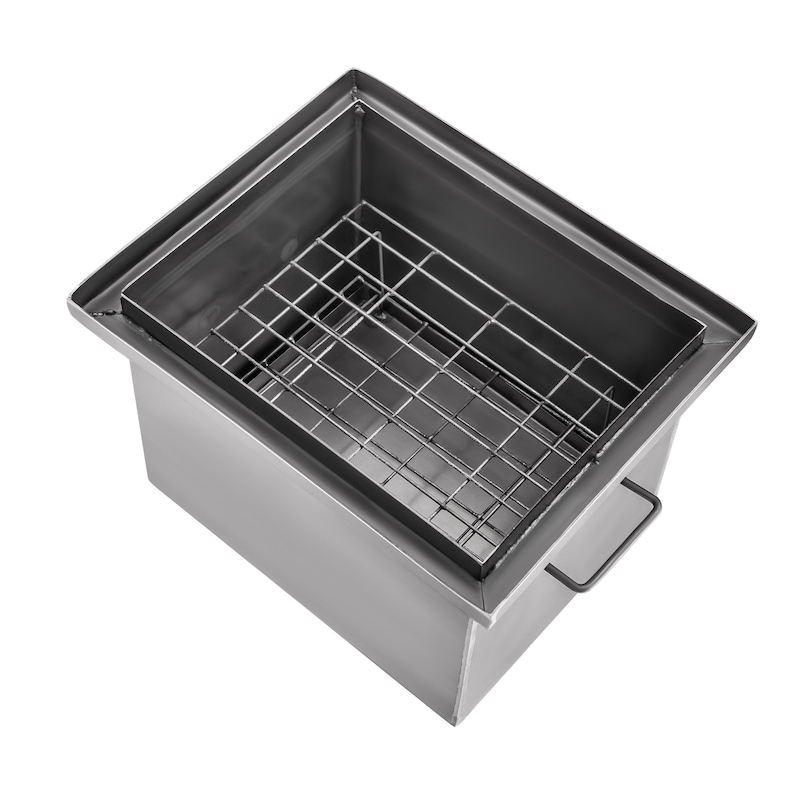 May include: A stainless steel rectangular container with a wire mesh grate inside. The container has a handle on the side.