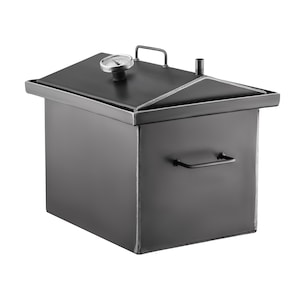 May include: A black metal smoker with a lid and a thermometer on top. The smoker has a handle on the side.
