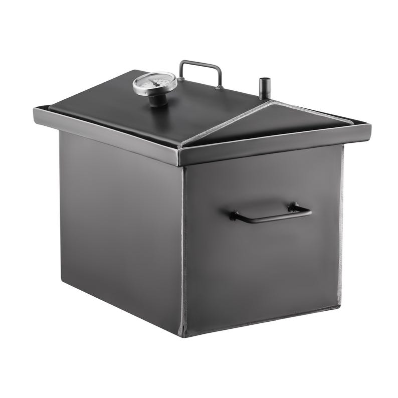 May include: A black metal smoker with a lid and a thermometer on top. The smoker has a handle on the side.