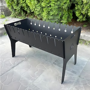 Camp Grill for 10 Skewers, Portable Fire Pit Grill, Camping Flat Fire BBQ, Heavy-duty Steel Collapsible Grill, BBQ Mangal, Gift for Him