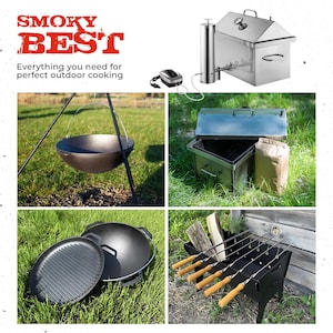 May include: A set of outdoor cooking equipment, including a black cast iron pot hanging from a tripod, a black cast iron wok, a black grill with skewers, and a stainless steel smoker with a lid.
