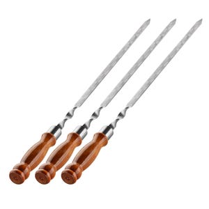 May include: Three stainless steel skewers with wooden handles. The skewers have a twisted design near the handle and a pointed tip. The wooden handles are a warm brown color.