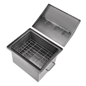 May include: A silver metal box with a hinged lid and a wire grate inside. The lid has three hooks on the inside.