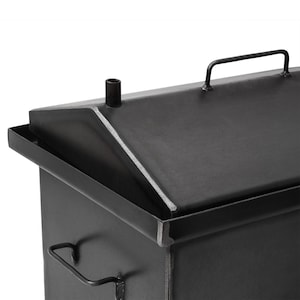 May include: Black metal smoker with a hinged lid and a handle on the top. The smoker has a small vent pipe on the top.