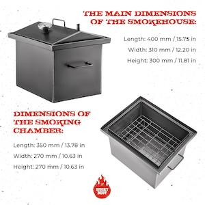 May include: A black metal smoker with a removable lid and a built-in thermometer. The smoker has a square chamber with a wire rack inside. The dimensions of the smoker are listed in inches and millimeters. The text "THE MAIN DIMENSIONS OF THE SMOKEHOUSE" and "DIMENSIONS OF THE SMOKING CHAMBER" are also included in the image.