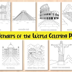 7 Wonders of the World Coloring Book PDF - Relaxing Grayscale Travel Art for Adults and Kids - Unique Printable Gift - World Monuments