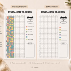Könnte beinhalten: Zwei druckbare Invisalign-Tracker-Blätter auf weißem Papier. Das linke Blatt ist mit bunten Quadraten vorausgefüllt, das rechte Blatt ist leer. Beide enthalten ein Raster, ein Zahndiagramm, eine farbcodierte Legende für Tragezeiten und Notizen.