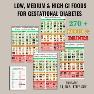Op de afbeelding: Een verzameling afdrukbare voedingsgidsen voor zwangerschapsdiabetes, met lijsten van voedingsmiddelen met een lage, gemiddelde en hoge GI. De gidsen bevatten secties over granen, zetmeel, zuivel, groenten, fruit, magere eiwitten, sauzen en snacks.