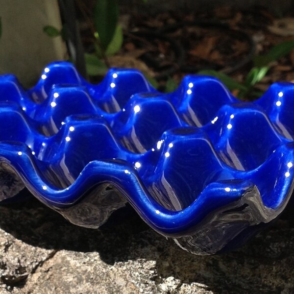 egg crate, egg holder, cobalt  blue, ceramic, farmers market, go green, re-usable packaging