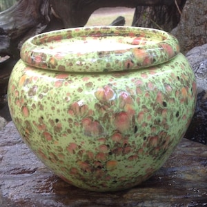May include: A round, ceramic container with a lid. The container is a light green color with speckled patterns of orange, brown, and black. The lid sits on top of the container, and the container is sitting on a rock.