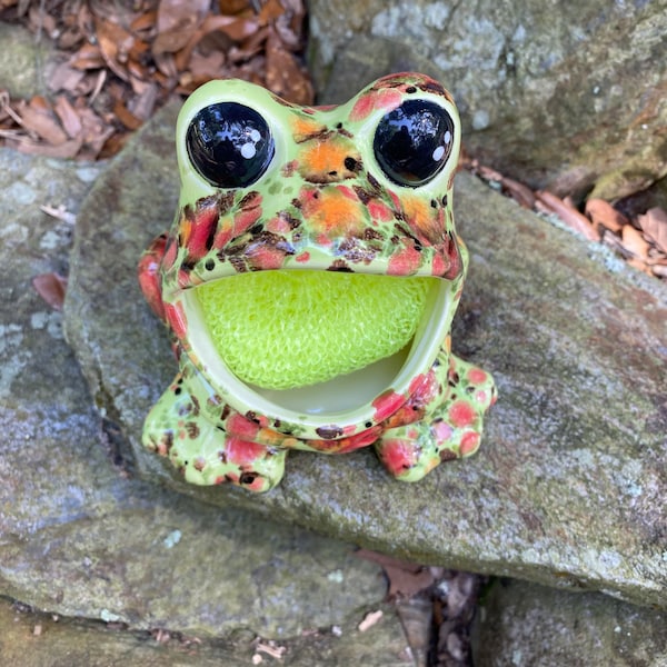 Frog, ceramic, kitchen scrubby holder, sponge holder, sos pad holder, green, melon, chocolate brown, cotton ball holder, sponge holder