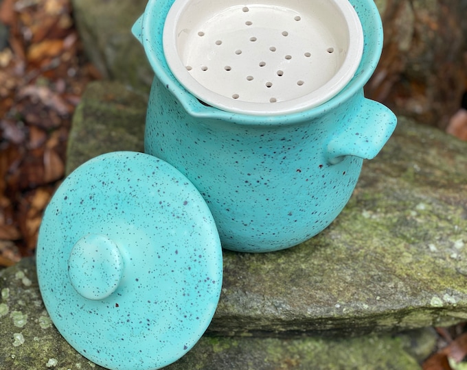 Ceramic Grease Jar, Lidded Pot, Strainer, Farmhouse Style, Robins Egg