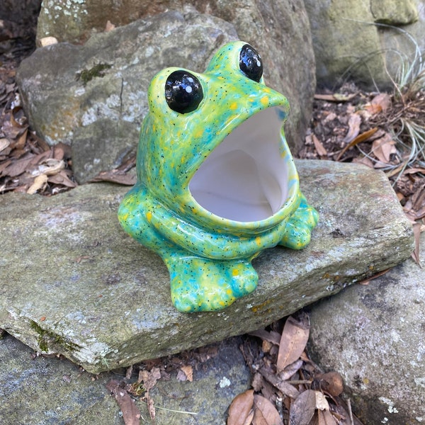 Frog, ceramic, kitchen scrubby holder, sponge holder, sos pad holder, green, blue, yellow, lime green, cotton ball holder, sponge holder