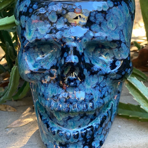 Skull planter, head planter, black blue, cactus planter, ceramic, drain hole, unusual, house plant