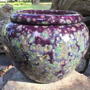 African violet pot, large, round, tapered, Purple, moss green, copper,  speckled, self watering, modern, minimalist, Violet pot