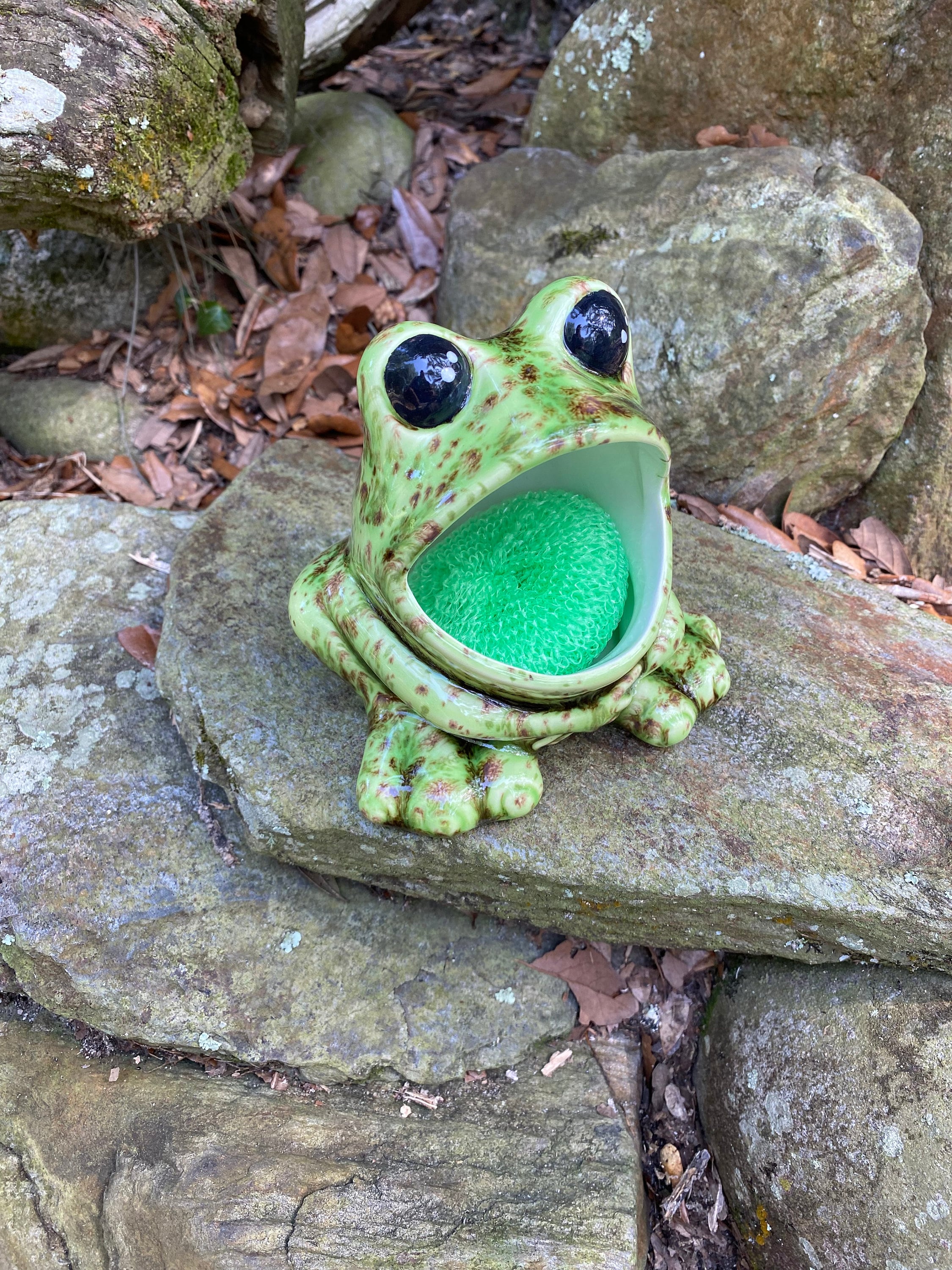 Frog, Ceramic, Kitchen Scrubby Holder, Sponge Holder, Sos Pad Holder,  Green, Brown, Cotton Ball Holder, Sponge Holder 