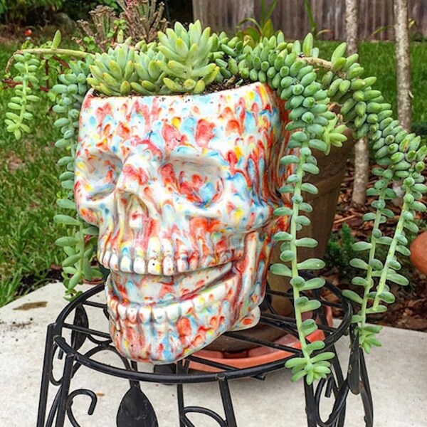 Skull planter, head planter, succulent planter, head planter, ceramic, Bright,  red, blue, yellow, drain hole, unusual, house plant
