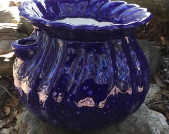 African Violet pot, fluted, cobalt, light blue, white, opaque, self watering, modern, Violet pot