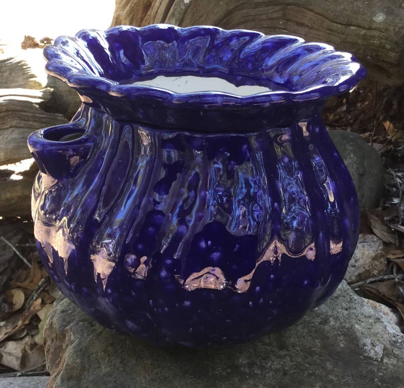 African Violet pot fluted cobalt light blue white opaque