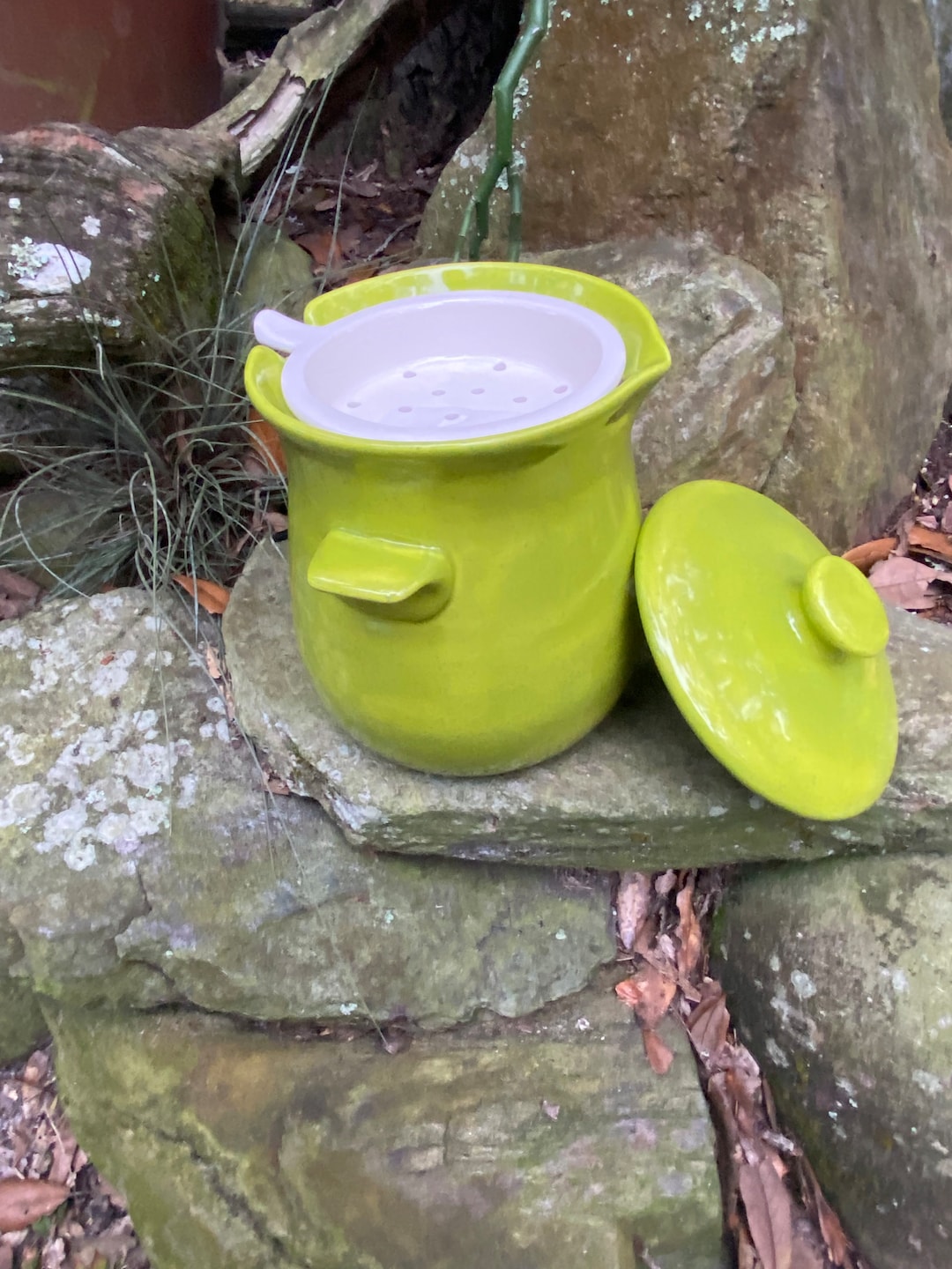 Grease Jar, Lidded Pot, Strainer, Lime Green, Speckled, Farmhouse Style