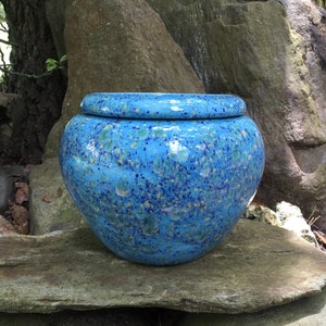 African Violet pot, large, round, tapered, aqua, azure, blue, green, jade, turquoise, ceramic, speckled, self watering, modern, Violet pot